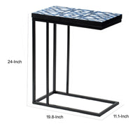 24 Inch Side Table, C Shaped, Indigo Patterned Top, Iron Frame, Black  - BM311931