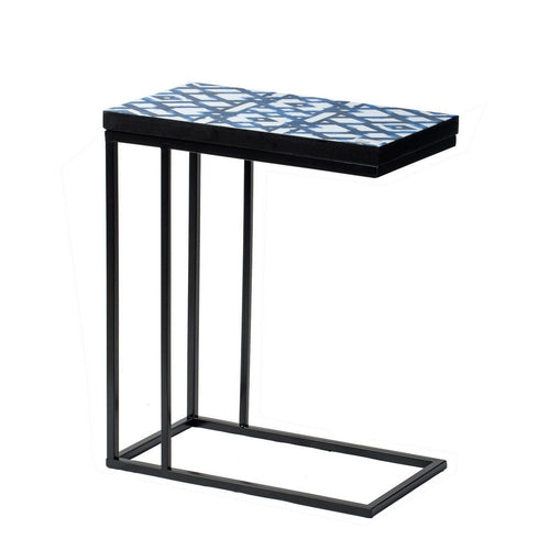 24 Inch Side Table, C Shaped, Indigo Patterned Top, Iron Frame, Black  - BM311931