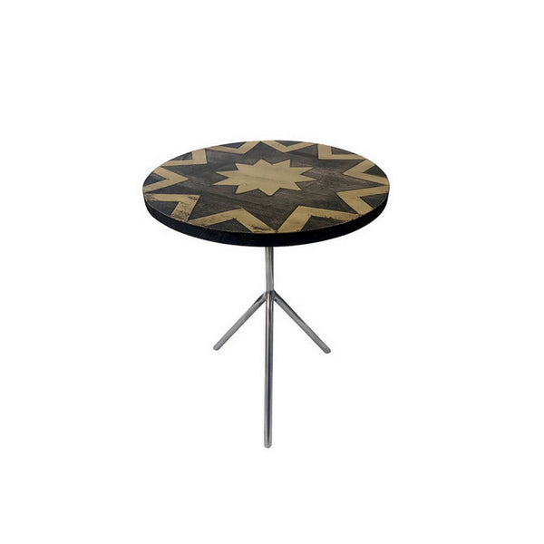 19 Inch Side Tables Set of 2, Inlay Designs, Metal Tripod Base, Brown Wood - BM311932
