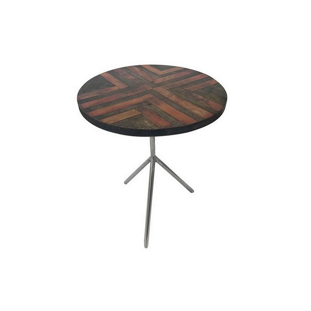 19 Inch Side Tables Set of 2, Inlay Designs, Metal Tripod Base, Brown Wood - BM311932