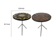 19 Inch Side Tables Set of 2, Inlay Designs, Metal Tripod Base, Brown Wood - BM311932