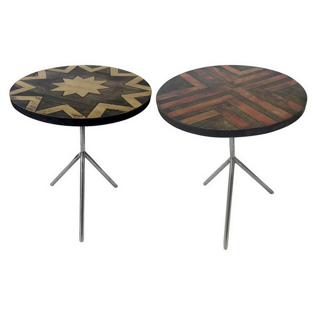 19 Inch Side Tables Set of 2, Inlay Designs, Metal Tripod Base, Brown Wood - BM311932