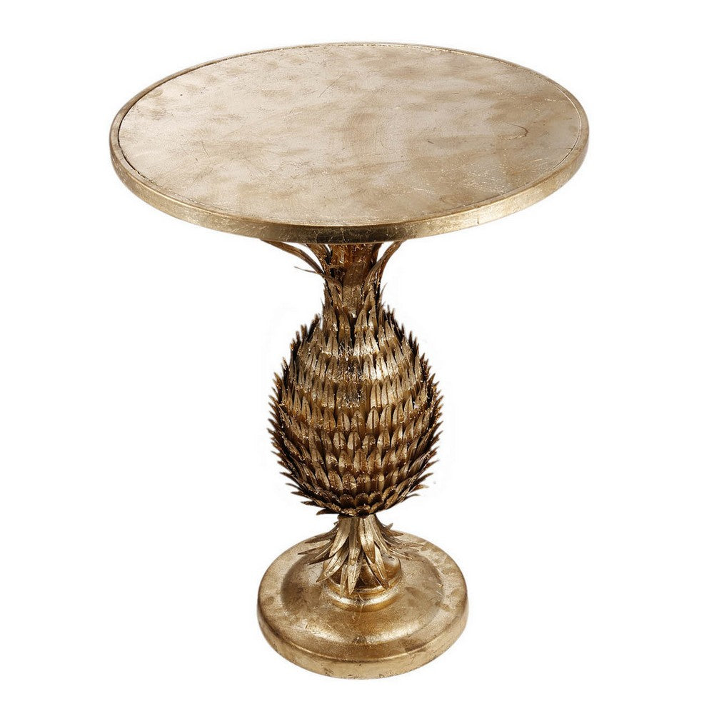 27 Inch Accent Side Table, Turned Pineapple Motif Design, Round Top, Gold - BM311937