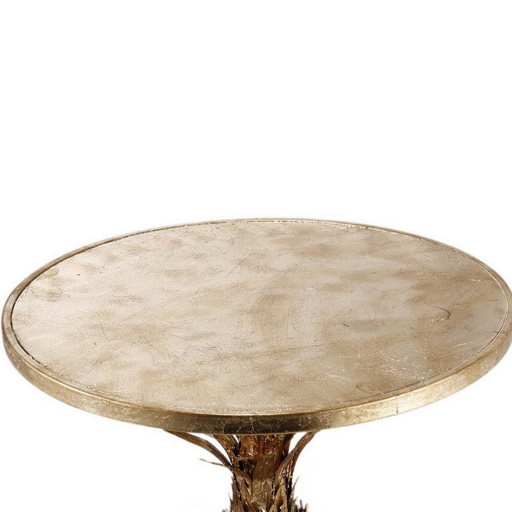 27 Inch Accent Side Table, Turned Pineapple Motif Design, Round Top, Gold - BM311937