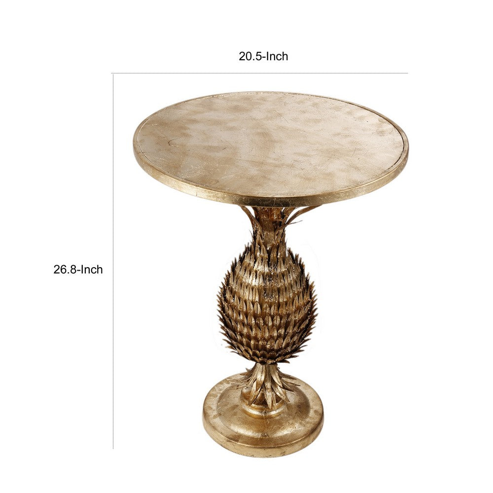 27 Inch Accent Side Table, Turned Pineapple Motif Design, Round Top, Gold - BM311937