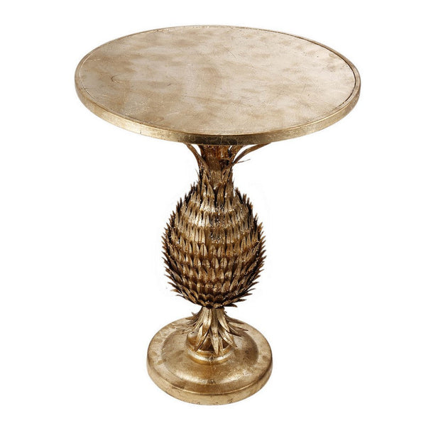 27 Inch Accent Side Table, Turned Pineapple Motif Design, Round Top, Gold - BM311937