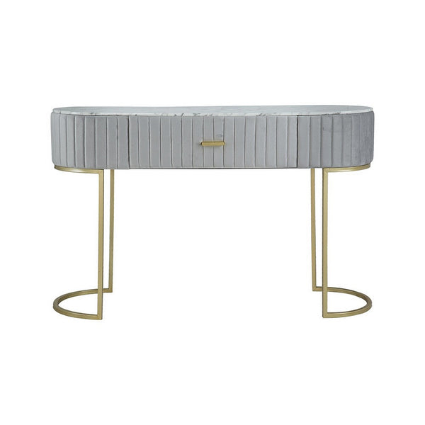 Jeah 47 Inch Console Table, 1 Drawer, Curved Gold Iron Base, Gray Fabric - BM311938