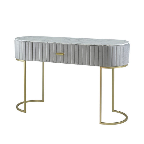 Jeah 47 Inch Console Table, 1 Drawer, Curved Gold Iron Base, Gray Fabric - BM311938