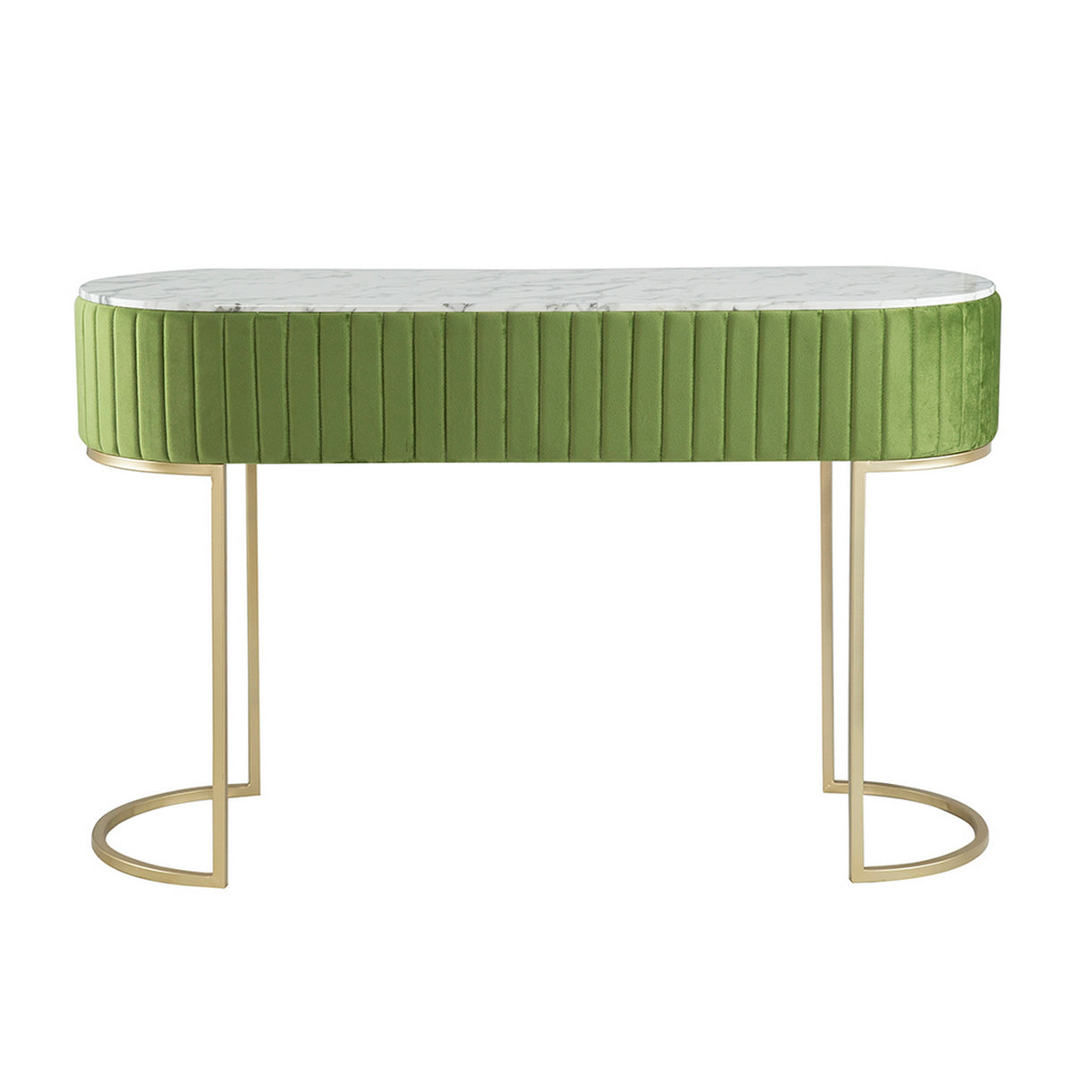 Jeah 47 Inch Console Table, 1 Drawer, Curved Gold Iron Base, Green Fabric - BM311939