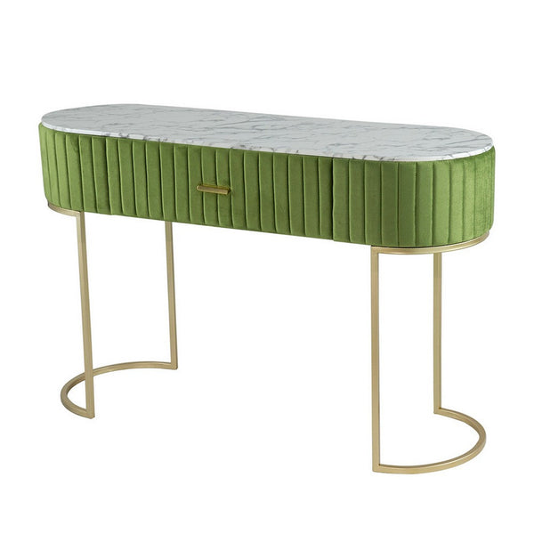 Jeah 47 Inch Console Table, 1 Drawer, Curved Gold Iron Base, Green Fabric - BM311939