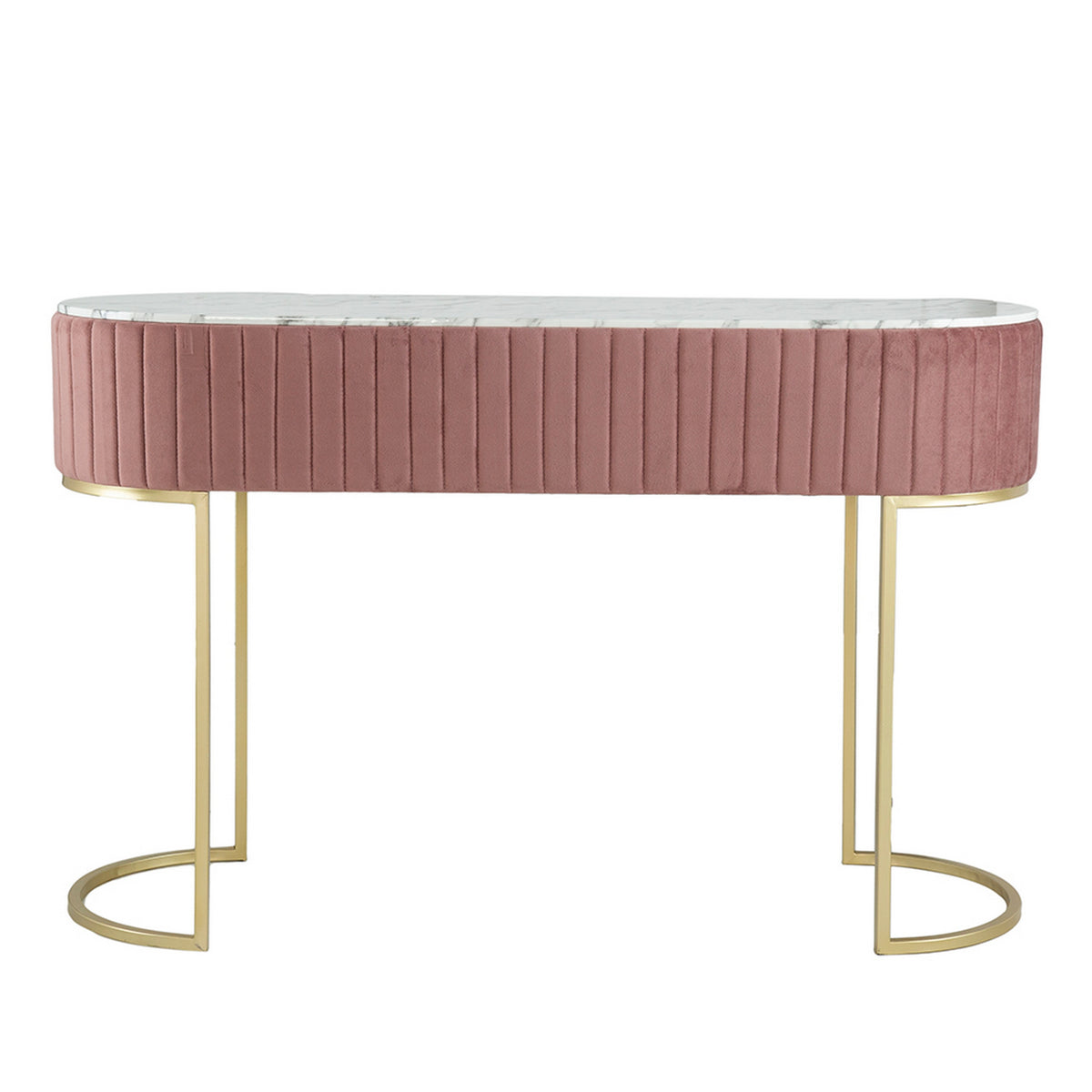 Jeah 47 Inch Console Table, 1 Drawer, Curved Gold Iron Base, Pink Fabric - BM311940