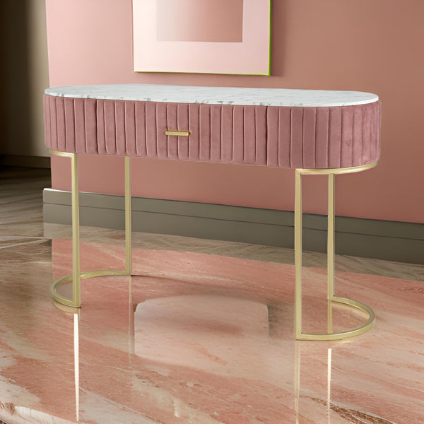 Jeah 47 Inch Console Table, 1 Drawer, Curved Gold Iron Base, Pink Fabric - BM311940