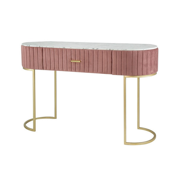 Jeah 47 Inch Console Table, 1 Drawer, Curved Gold Iron Base, Pink Fabric - BM311940