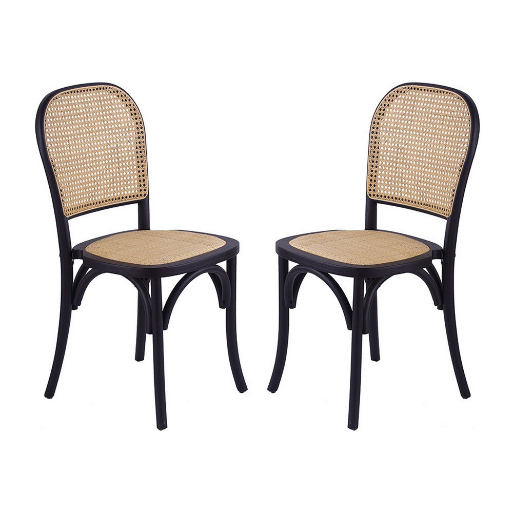 38 Inch Dining Chairs Set of 2, Stackable, Woven Cane, Beech Wood, Black - BM311942