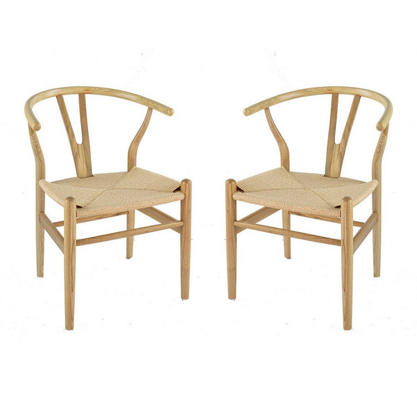 44 Inch Accent Chair, Set of 2, Wishbone Shape, Woven Seat, Ash Wood, Brown - BM311943