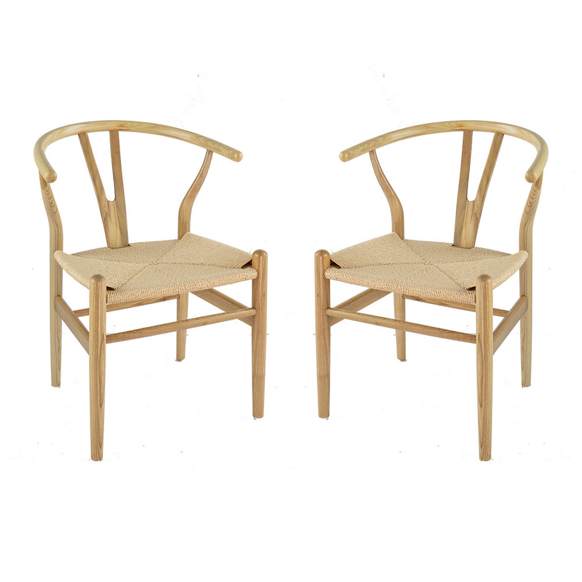 44 Inch Accent Chair, Set of 2, Wishbone Shape, Woven Seat, Ash Wood, Brown - BM311943