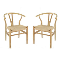 44 Inch Accent Chair, Set of 2, Wishbone Shape, Woven Seat, Ash Wood, Brown - BM311943