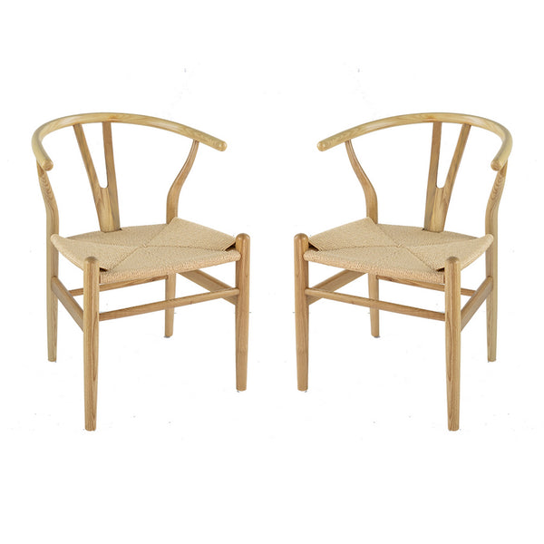 44 Inch Accent Chair, Set of 2, Wishbone Shape, Woven Seat, Ash Wood, Brown - BM311943