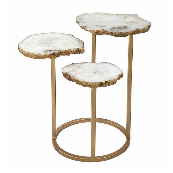 18 Inch Accent Side Table, 3 Tier Design, White Agate Top, Gold Iron Base - BM311946