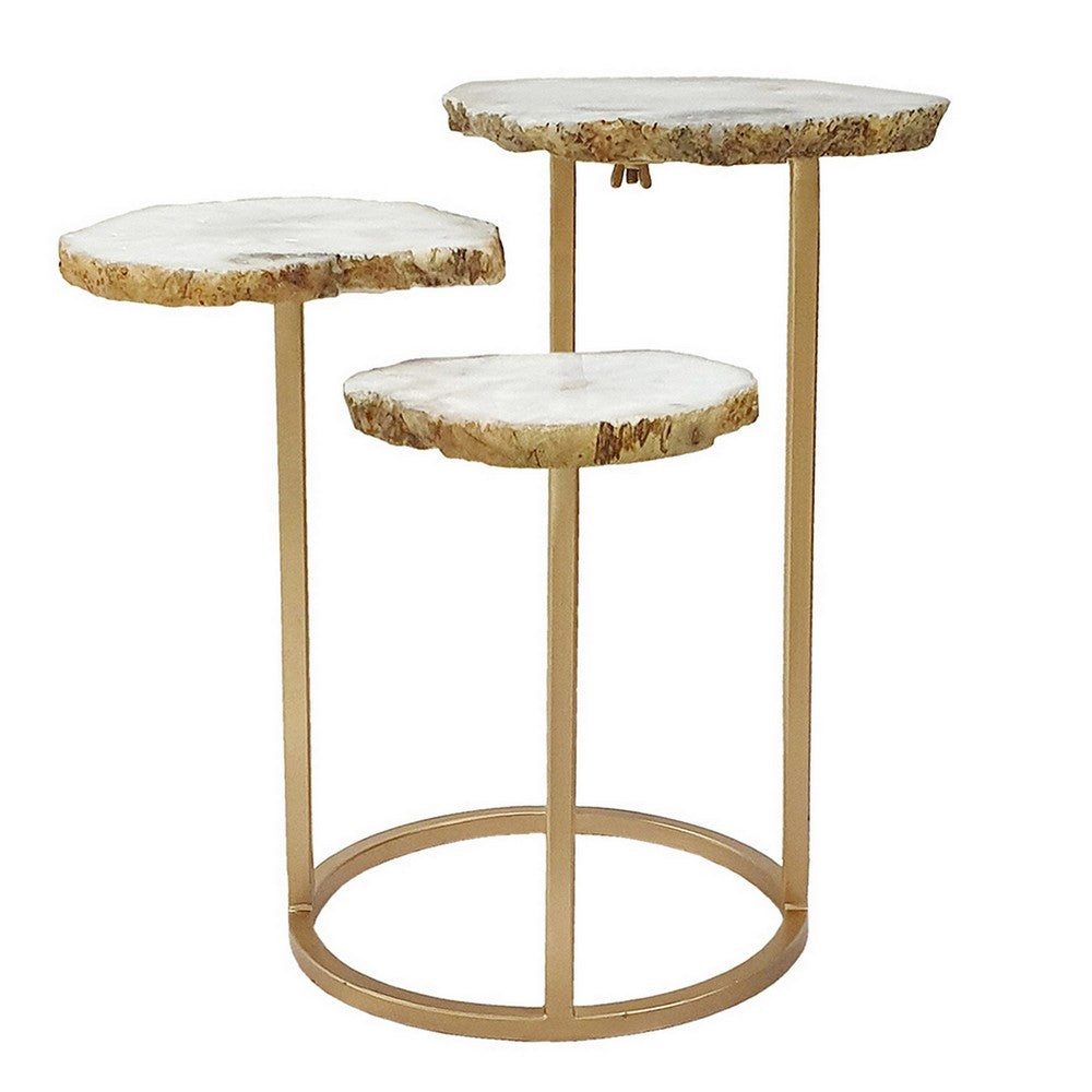 18 Inch Accent Side Table, 3 Tier Design, White Agate Top, Gold Iron Base - BM311946