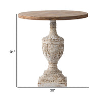 31 Inch Accent Side Table, Pedestal Urn Base, Round Top, Antique White - BM311949