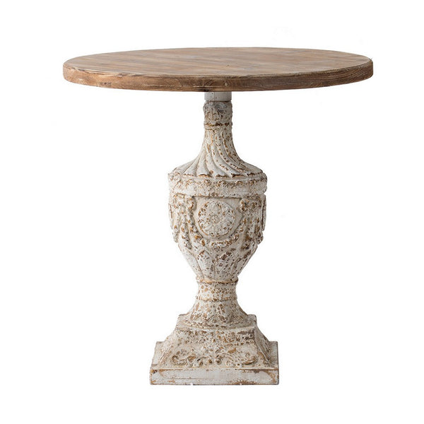 31 Inch Accent Side Table, Pedestal Urn Base, Round Top, Antique White - BM311949