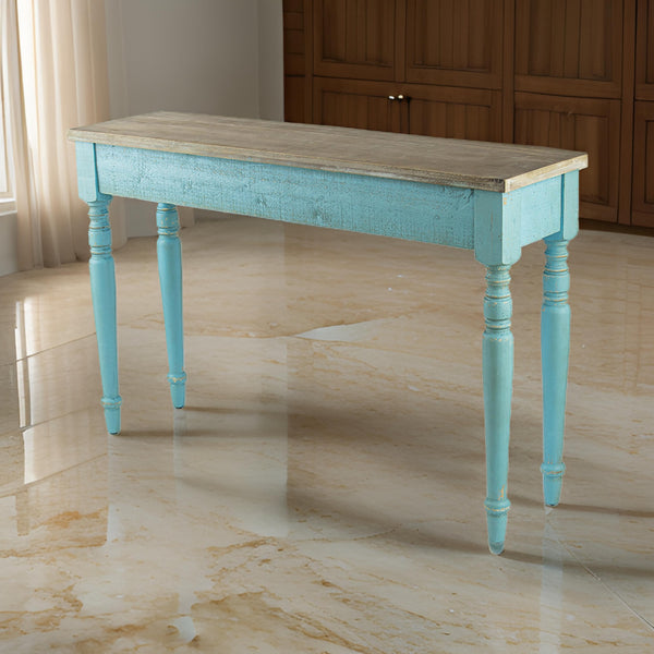 52 Inch Console Sofa Table, Rectangular, Turned Legs, Fir Wood, Teal Blue - BM311950