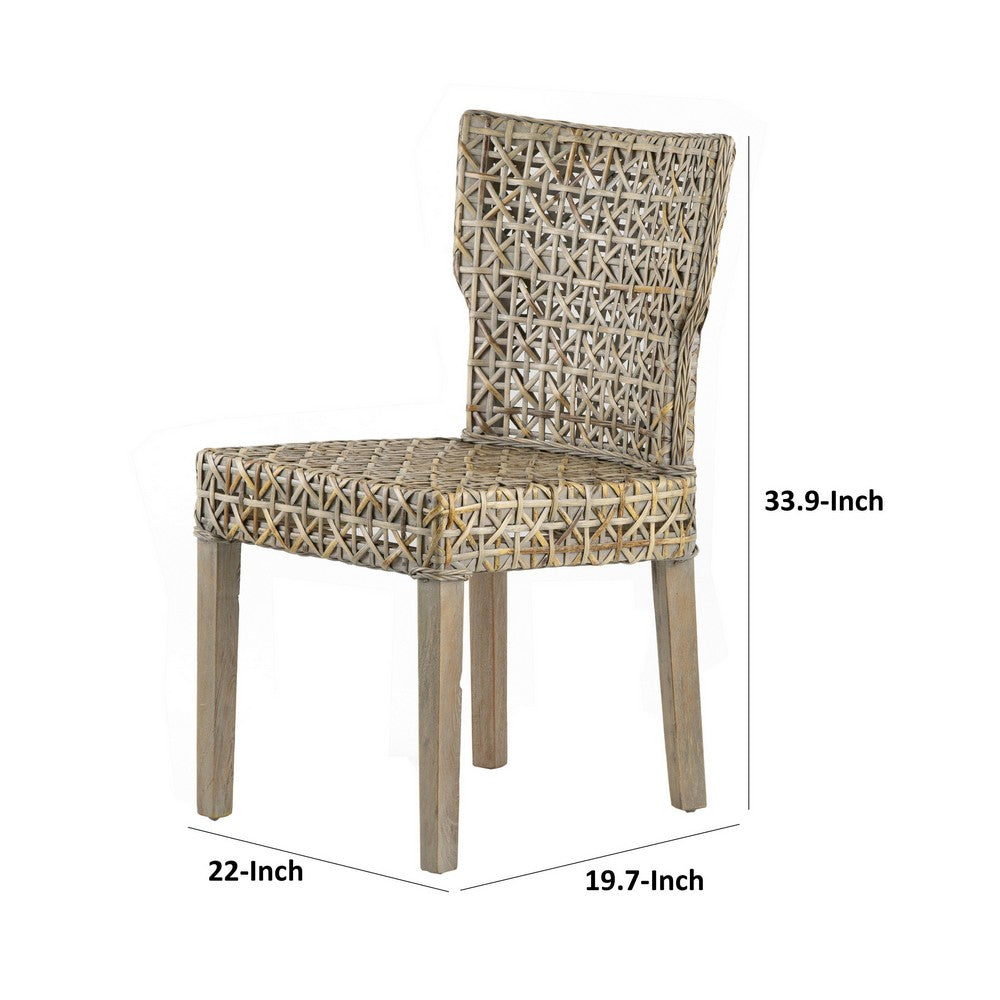 22 Inch Side Dining Chair, Woven Rattan Backrest and Seat, Weathered Gray - BM311951