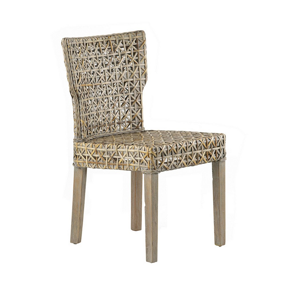 22 Inch Side Dining Chair, Woven Rattan Backrest and Seat, Weathered Gray - BM311951