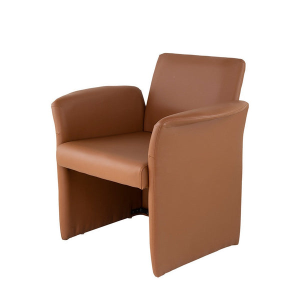 32 Inch Accent Chair, Curved, Extended Back, Caramel Brown Faux Leather - BM311953