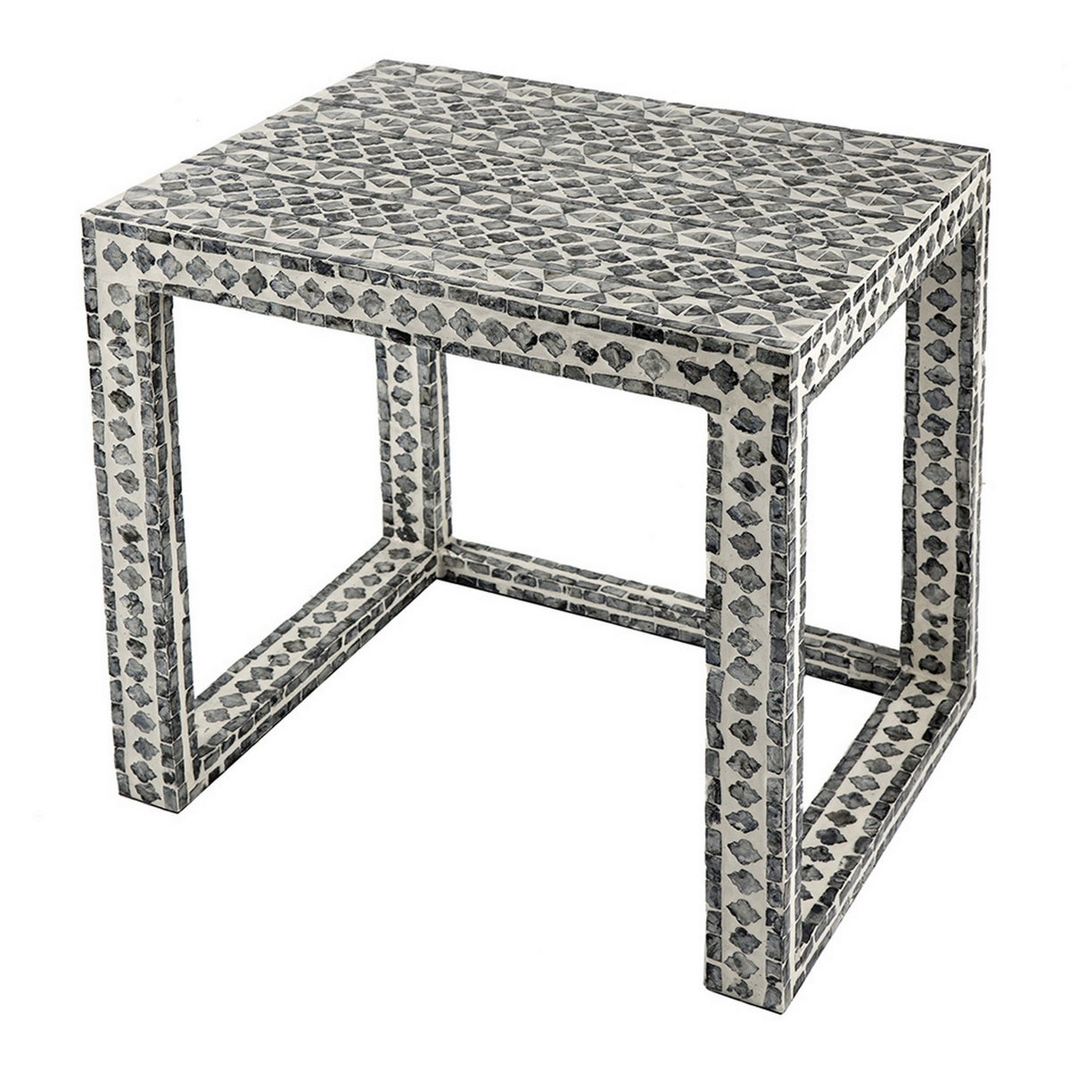 Set of 2 Nesting Side End Tables, Capiz Inlaid Design, Gray and White - BM311954