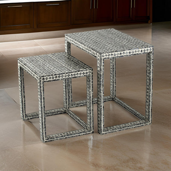 Set of 2 Nesting Side End Tables, Capiz Inlaid Design, Gray and White - BM311954