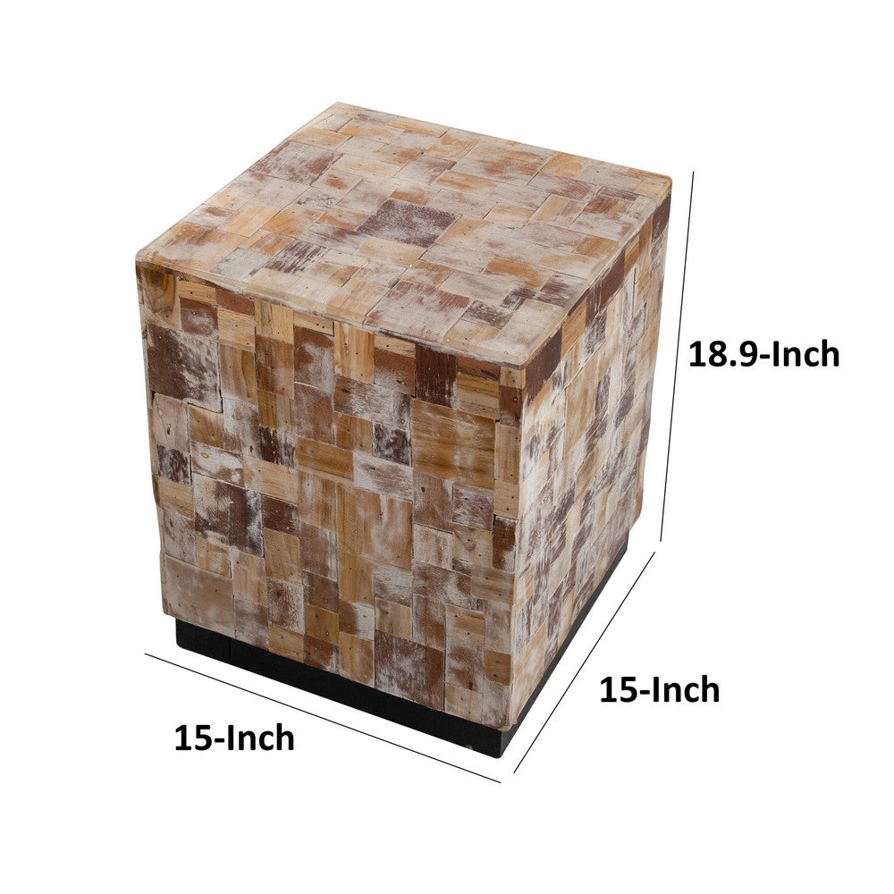19 Inch Side End Table Stool, Square, Resin Patchwork Style Design, Brown - BM311956