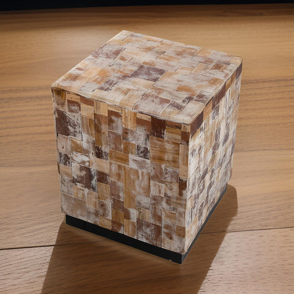 19 Inch Side End Table Stool, Square, Resin Patchwork Style Design, Brown - BM311956