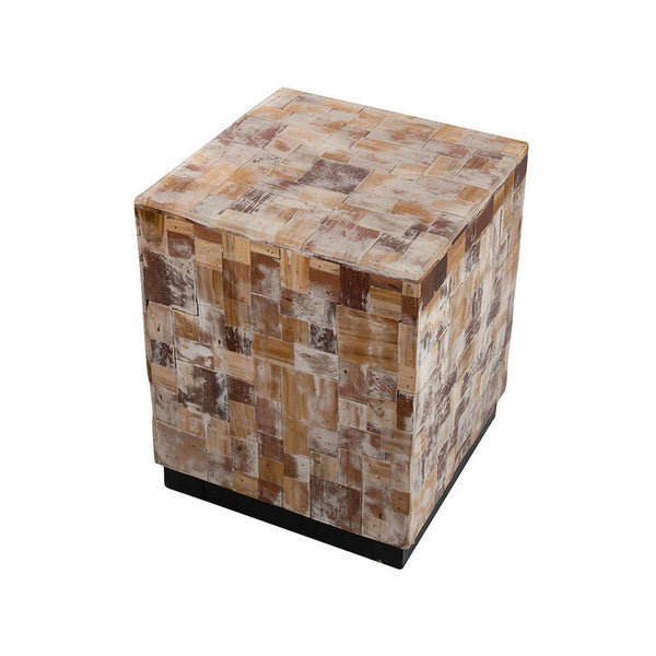 19 Inch Side End Table Stool, Square, Resin Patchwork Style Design, Brown - BM311956