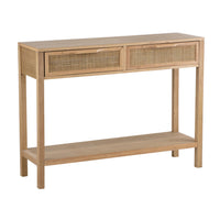 39 Inch Sofa Table, 2 Drawers, Rattan Cane Design, MDF, Pine Wood, Brown - BM311958