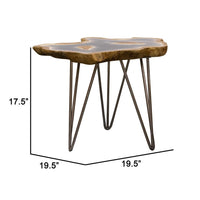 20 Inch Side Accent Table, Natural Edges, Hairpin Legs, Gray Resin, Brown - BM311961
