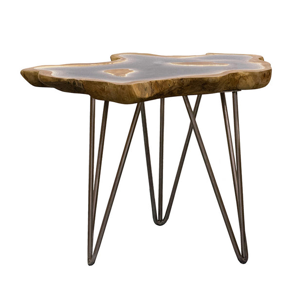 20 Inch Side Accent Table, Natural Edges, Hairpin Legs, Gray Resin, Brown - BM311961