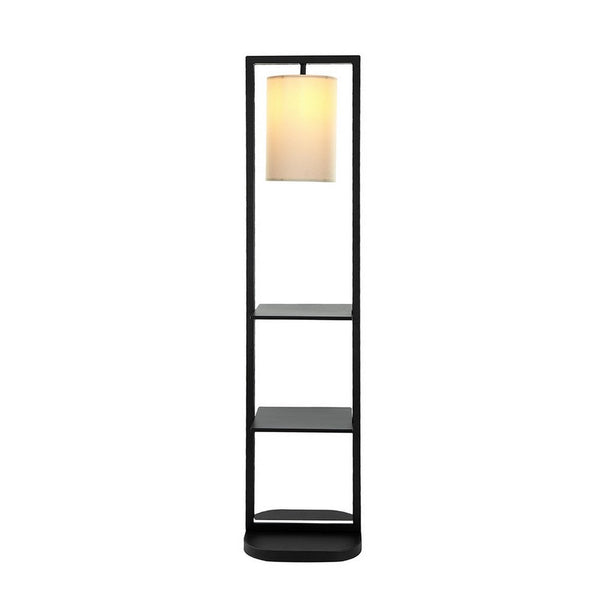 74 Inch Floor Lamp with 2 Shelves, Round Lampshade, Black Iron, White - BM311962