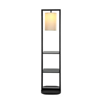 74 Inch Floor Lamp with 2 Shelves, Round Lampshade, Black Iron, White - BM311962