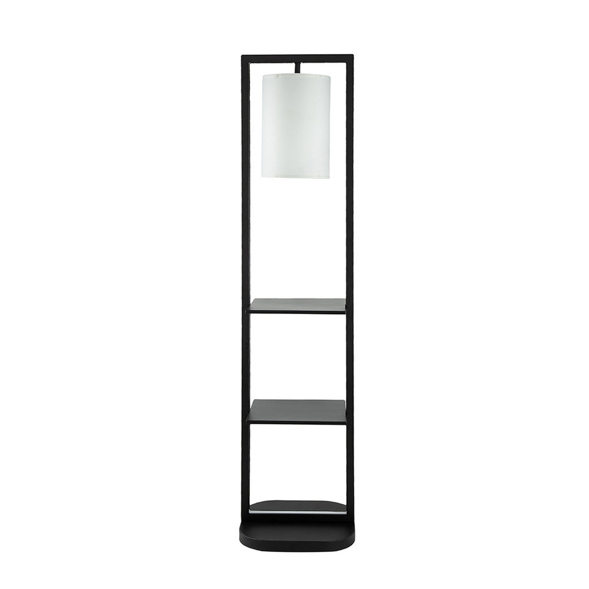 74 Inch Floor Lamp with 2 Shelves, Round Lampshade, Black Iron, White - BM311962