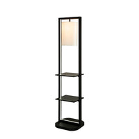 74 Inch Floor Lamp with 2 Shelves, Round Lampshade, Black Iron, White - BM311962