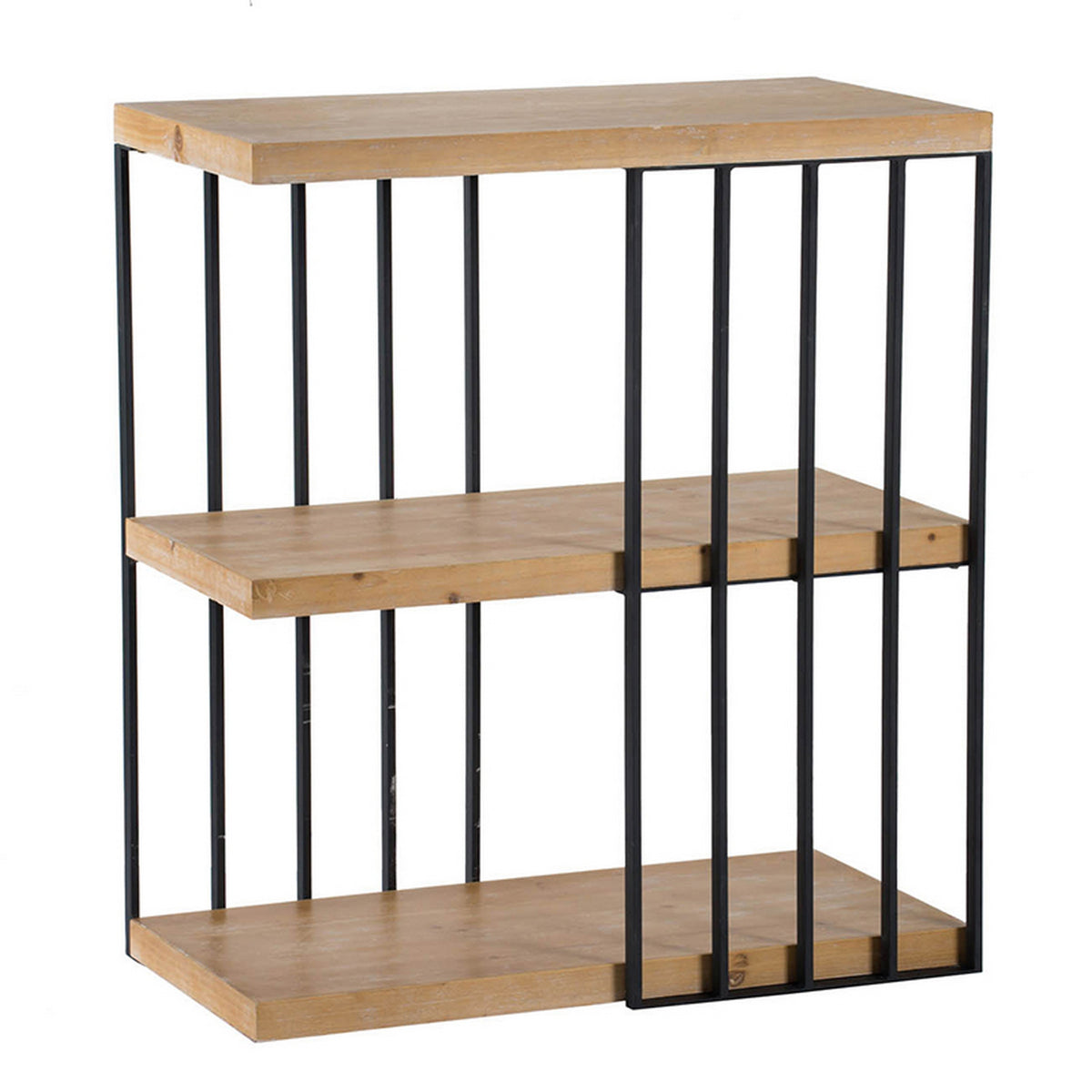 35 Inch 3 Tier Decorative Display Shelves, Black Iron, Fir Wood, Brown - BM311963