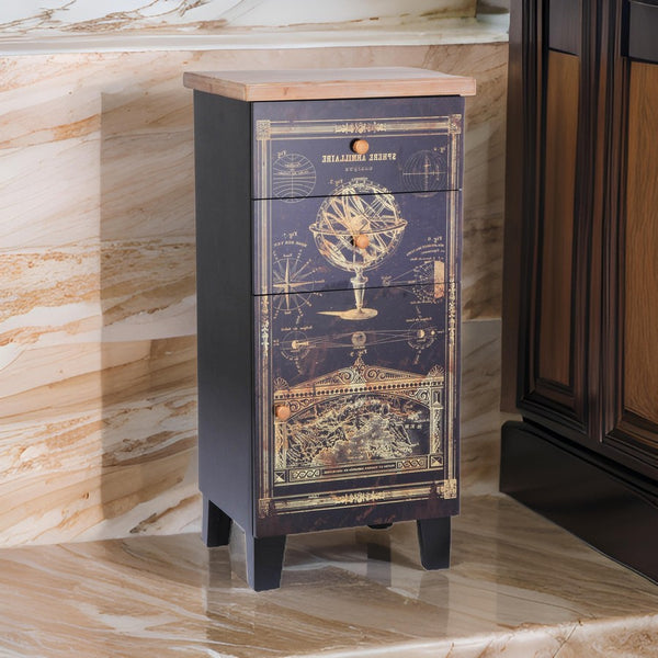 39 Inch Small Accent Cabinet, 2 Drawers, Door, Celestial Design, Black - BM311964