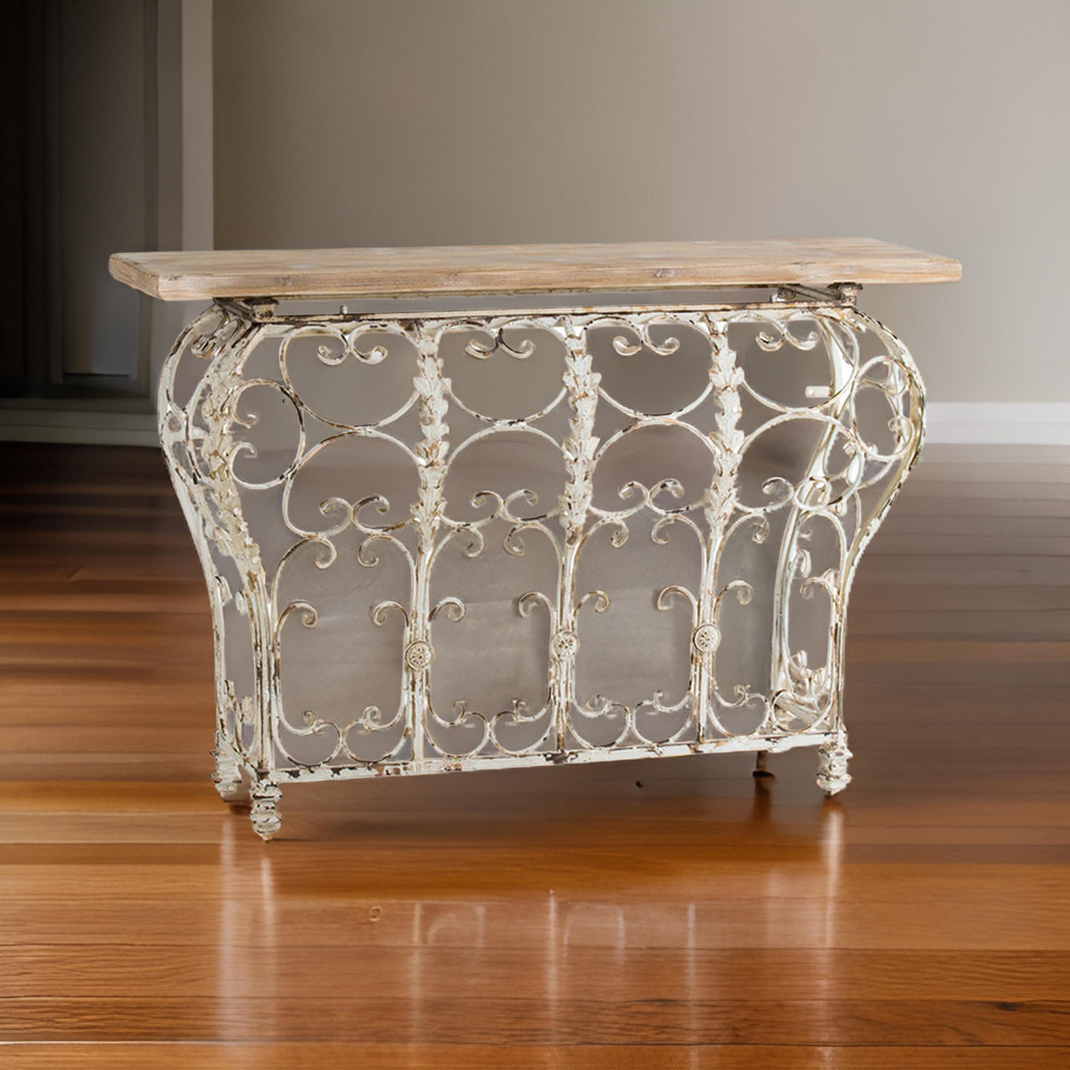 55 Inch Console Sofa Table with Scrollwork, Iron Curved Base, Wood, White - BM311965