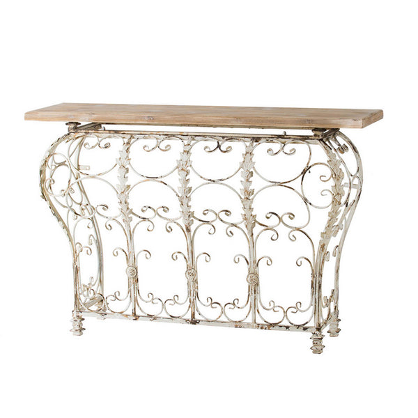 55 Inch Console Sofa Table with Scrollwork, Iron Curved Base, Wood, White - BM311965