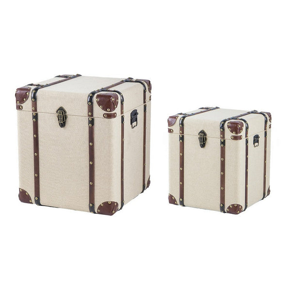 Vina 34 Inch Accent Storage Trunk Set of 2, Faux Leather, Cream Wood, Brown - BM311969