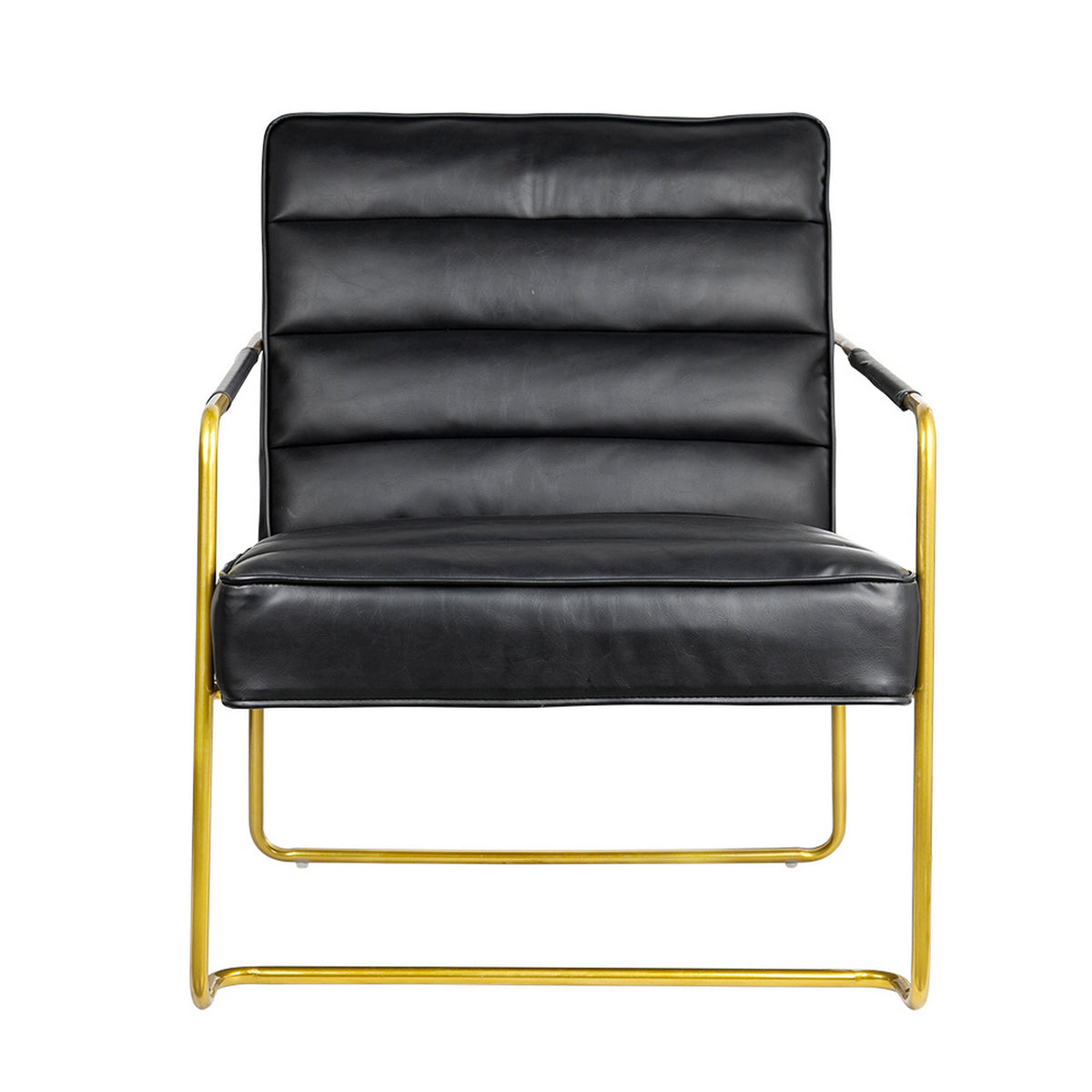 30 Inch Accent Chair, Gold Iron Frame, Channel Tufted Black Faux Leather - BM311972