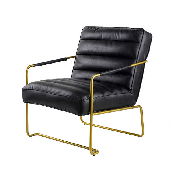 30 Inch Accent Chair, Gold Iron Frame, Channel Tufted Black Faux Leather - BM311972