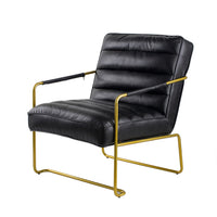 30 Inch Accent Chair, Gold Iron Frame, Channel Tufted Black Faux Leather - BM311972